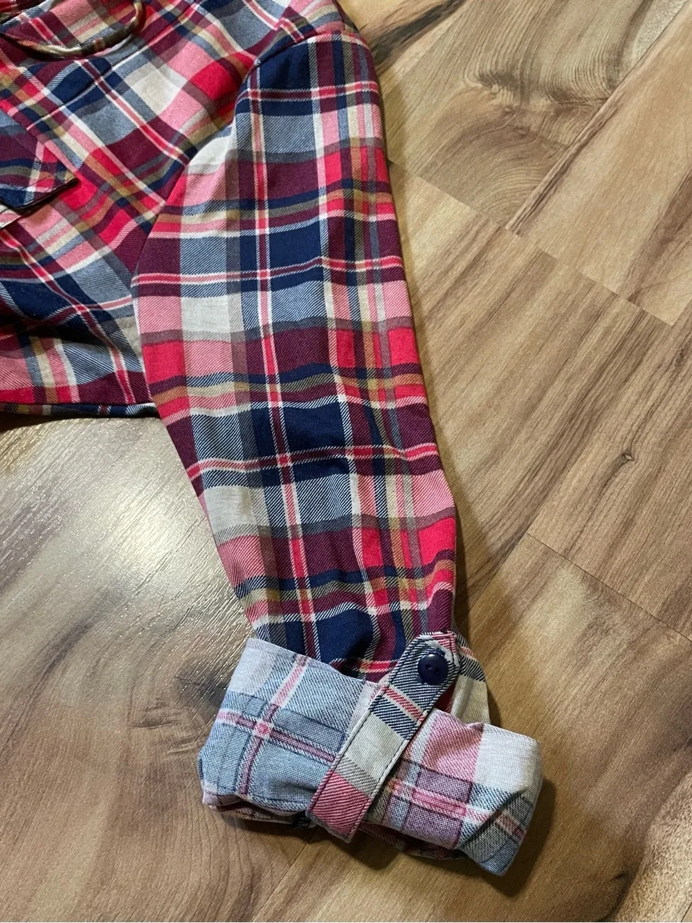 Always Indigo Plaid Lace Up Tunic Top Red Blue White Roll Tab Sleeve XL
